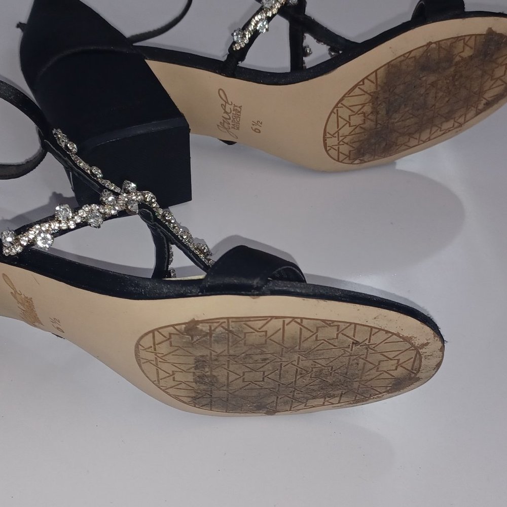 Badgley Mischka Jewel Black Satin Embellished Sandals Heels - Picture 5 of 9